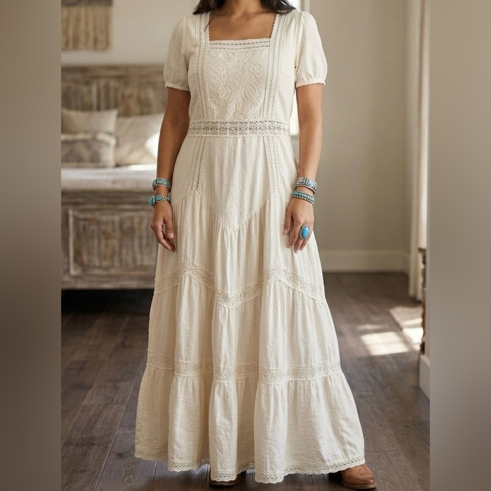 Abercrombie & Fitch Cream Maxi Dress with Lace Insets
